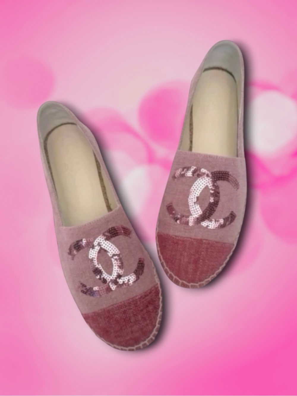 🆕💗CHANEL 2-Tone Pink Canvas & Sequin CC Logo Cap-Toe Espadrilles Flats • EU 37